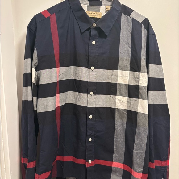 Burberry Navy and Red Plaid Button Down Shirt